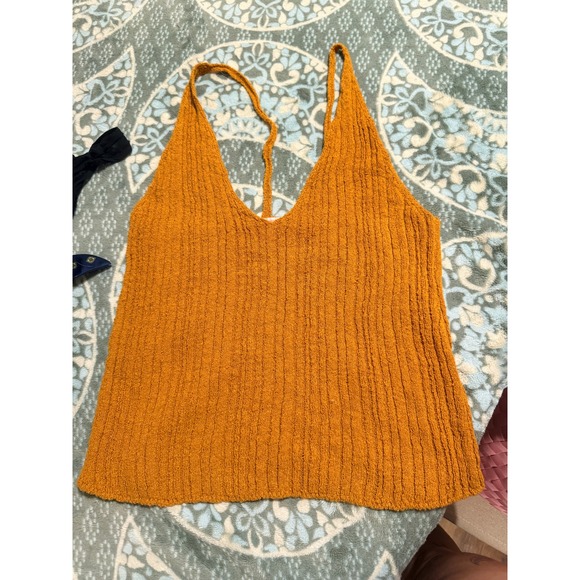 Free People Tops - Free People FP Beach Knit Tank Top Mustard Yellow Ribbed V-Neck T-Back Small